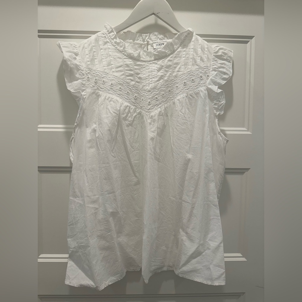 J. Crew White Eyelet Pintuck Ruffle Shell